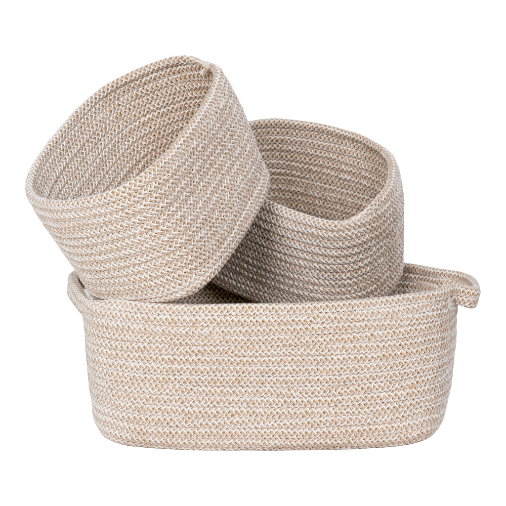 Lot paniers tressés coton beige Teixo empilés vue trois quarts texture bicolore ivoire