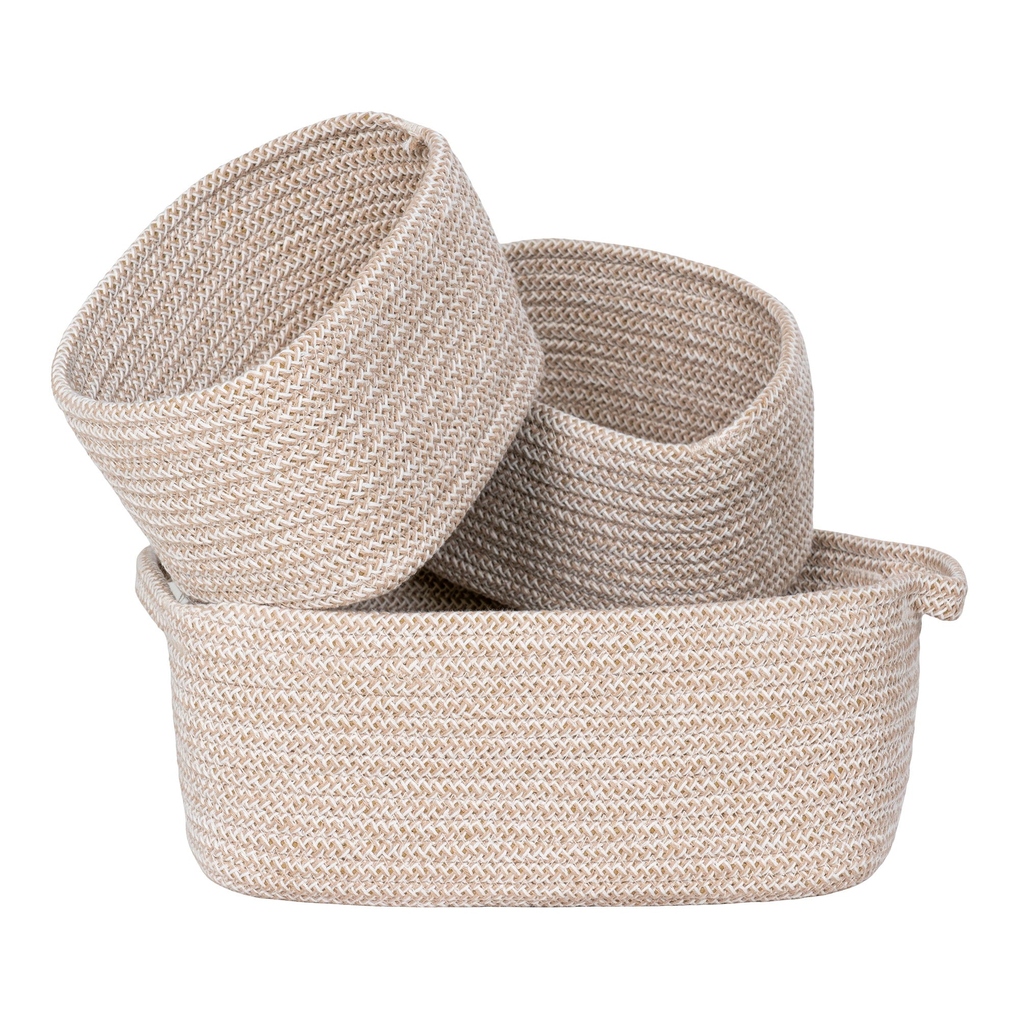 Lot paniers tressés coton beige Teixo empilés vue trois quarts texture bicolore ivoire