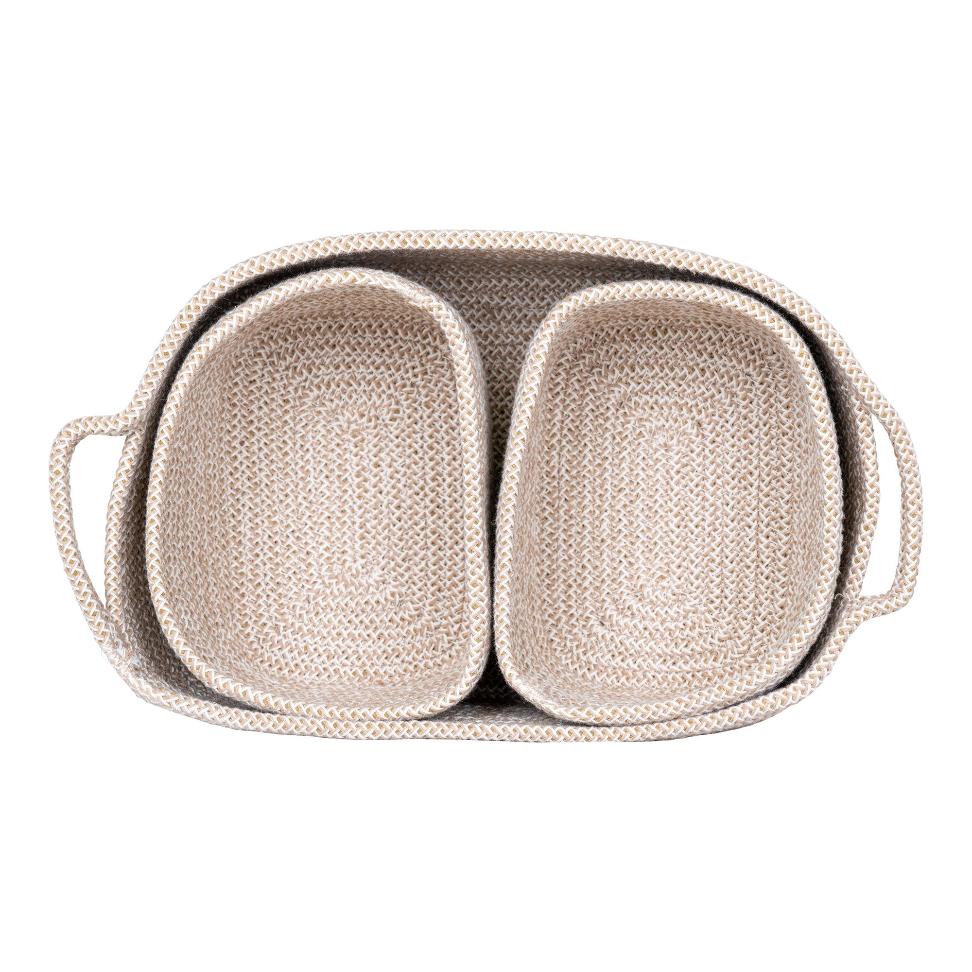 Lot paniers tressés coton beige Teixo vue dessus emboîtés anses intégrées ovales