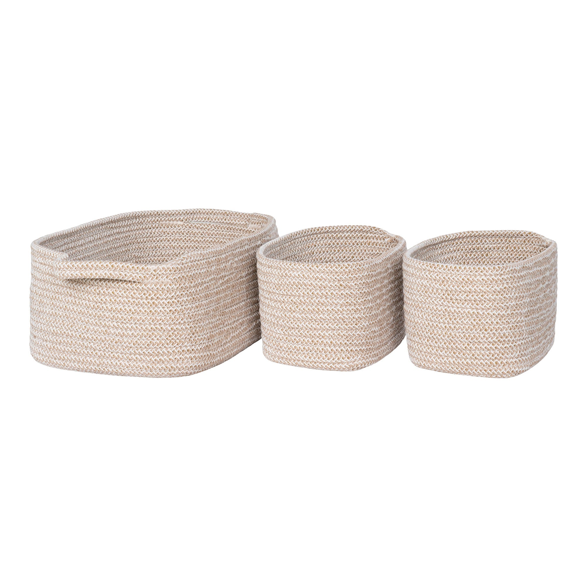 Lot 3 paniers tressés coton beige Teixo ovales avec anses tailles S et L vue de face