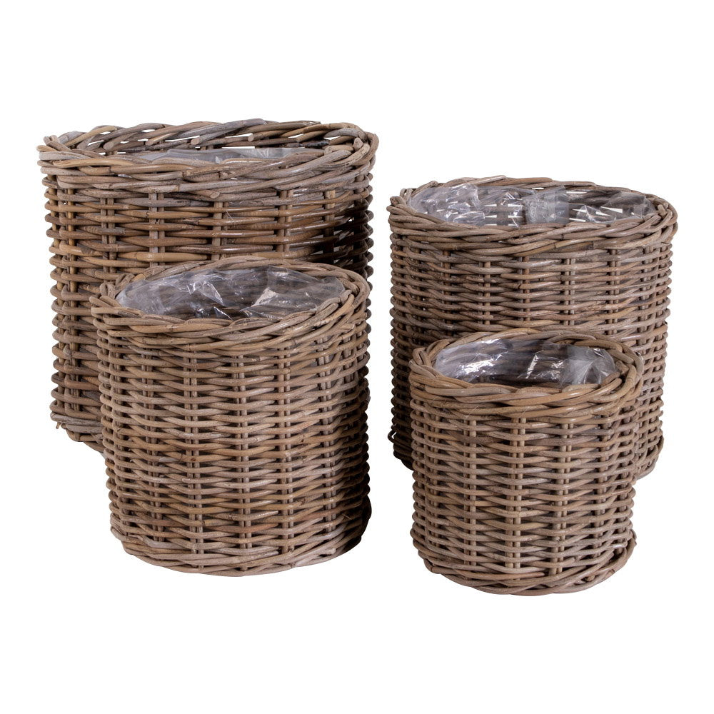 Lot 4 cache-pots cylindriques Bogor rotin kubu naturel 4 tailles progressives vue trois quarts