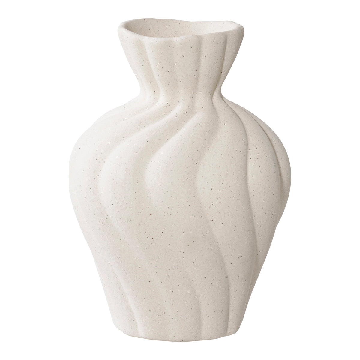 Grand vase ondulé en céramique blanche vu de face col resserré et ouverture irrégulière