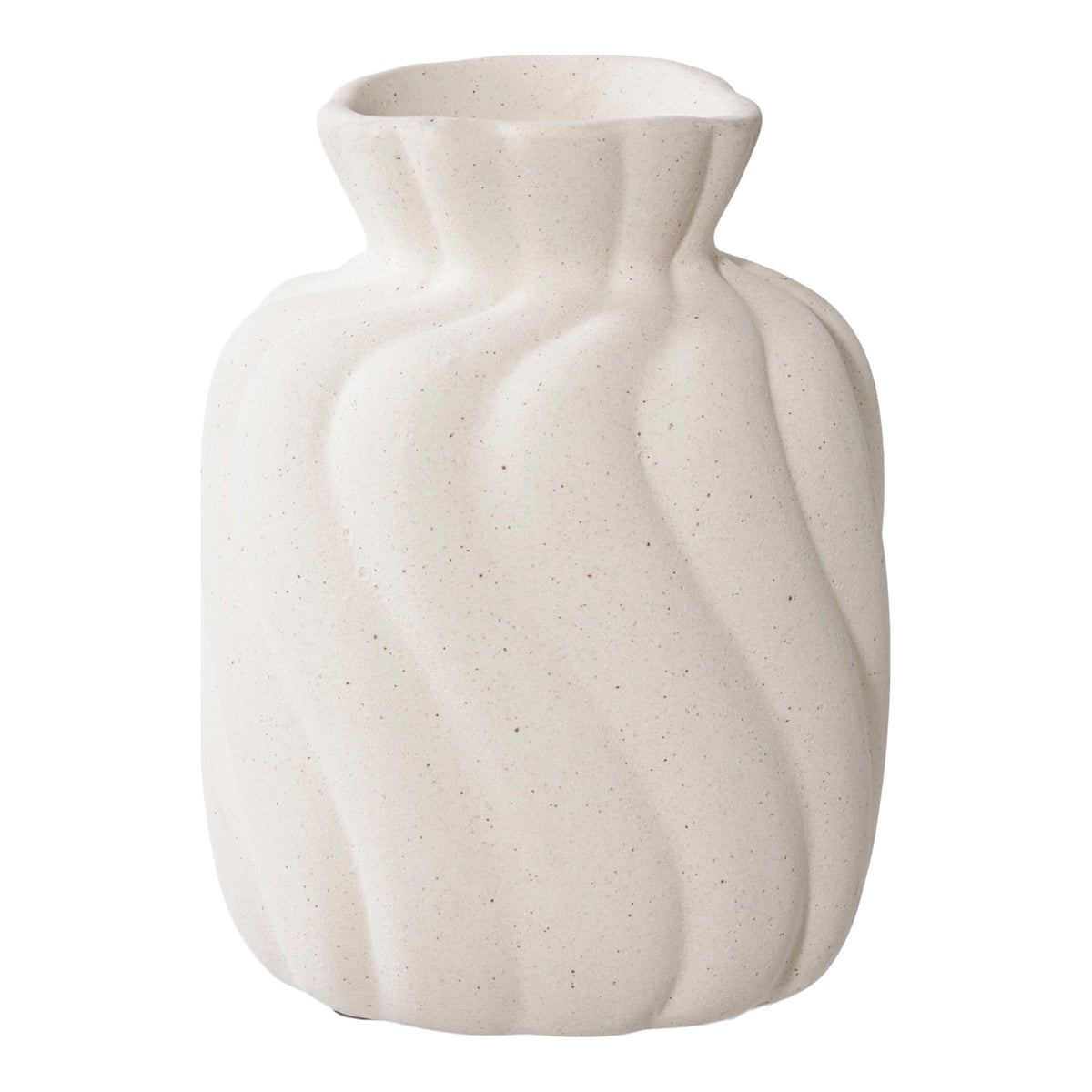 Petit vase ondulé en céramique blanche vu de face corps trapu et relief drapé