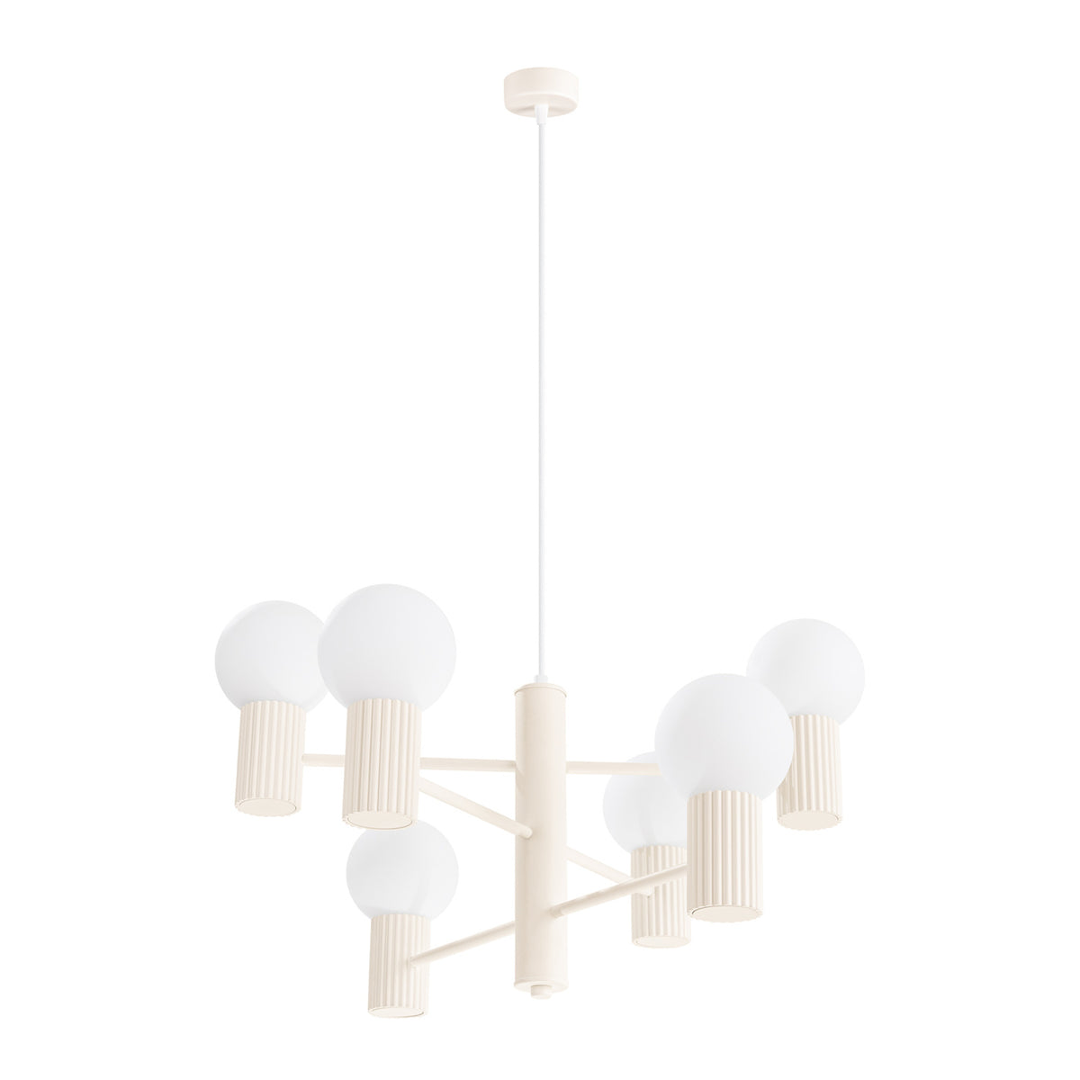 Lustre Halo laque beige à six boules de verre opale sur culots cannelés et bras étagés vu sur fond blanc