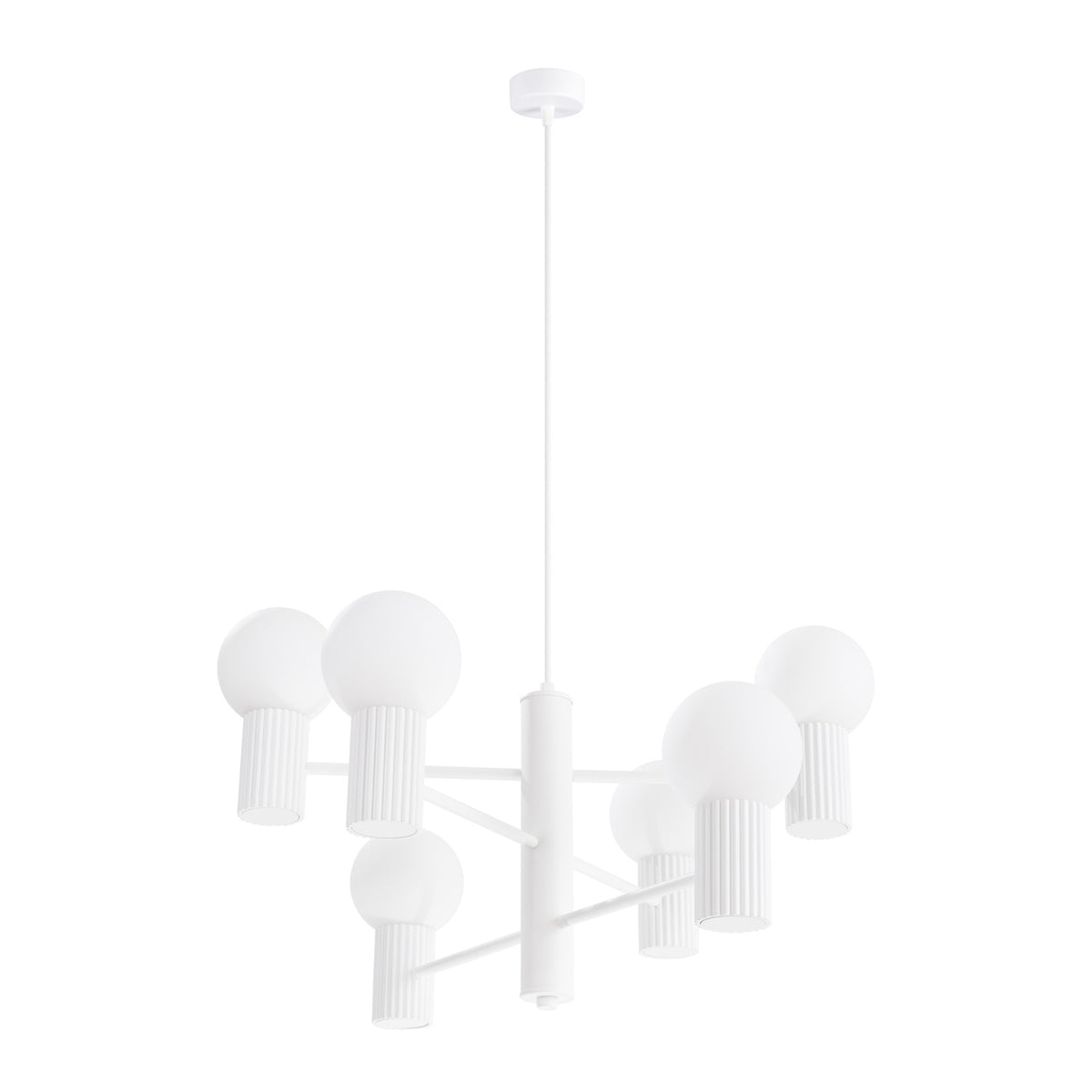 Lustre Halo laque blanche à six boules de verre opale sur culots cannelés et bras étagés vu sur fond blanc
