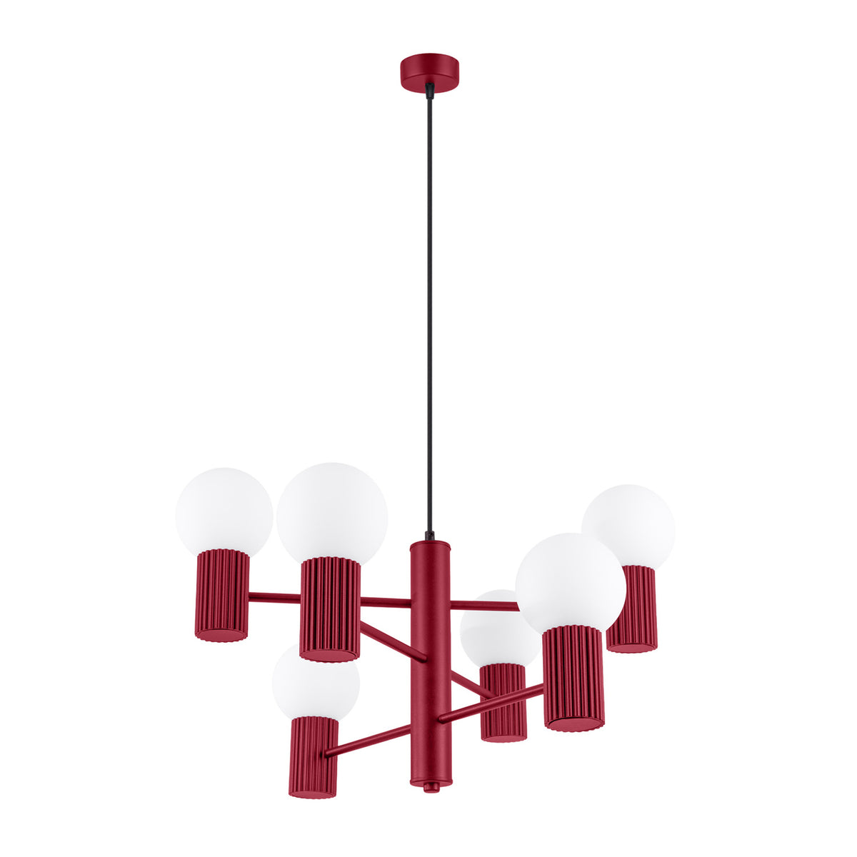 Lustre Halo laque bordeaux à six boules de verre opale sur culots cannelés et bras étagés vu sur fond blanc