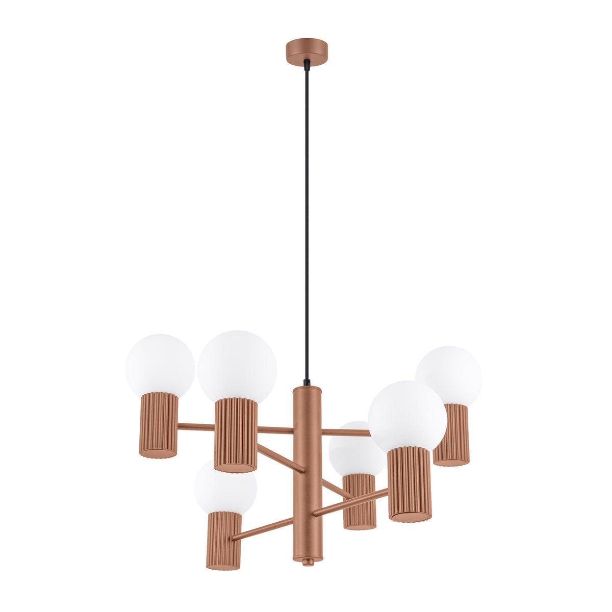 Lustre Halo laque brun moka à six boules de verre opale sur culots cannelés et bras étagés vu sur fond blanc