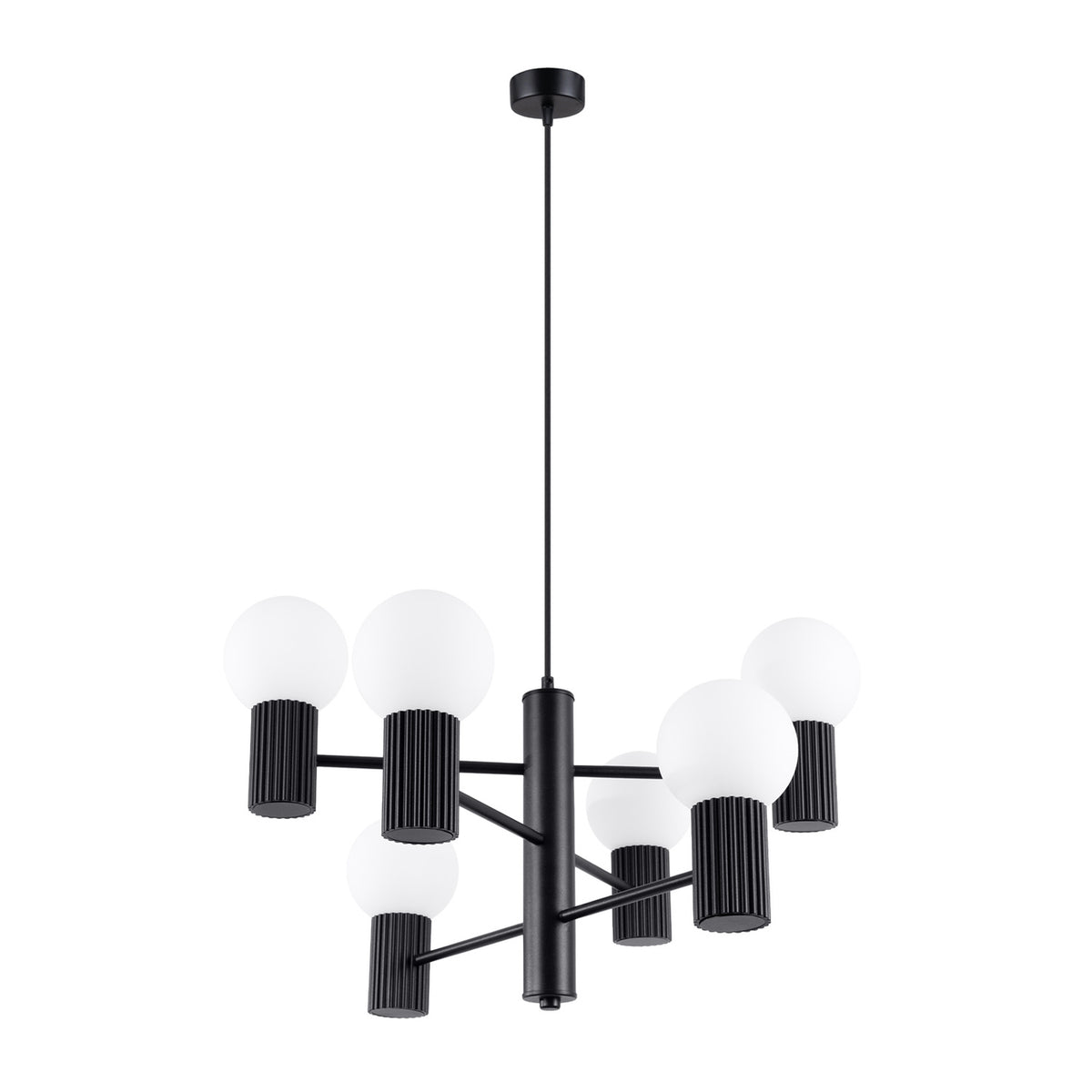 Lustre Halo laque noire à six boules de verre opale sur culots cannelés et bras étagés vu sur fond blanc