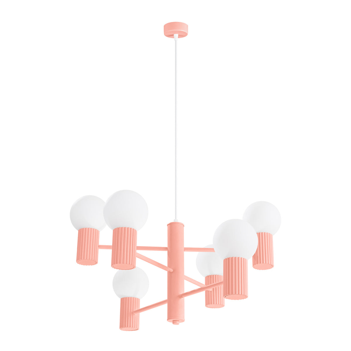 Lustre Halo laque rose pêche à six boules de verre opale sur culots cannelés et bras étagés vu sur fond blanc