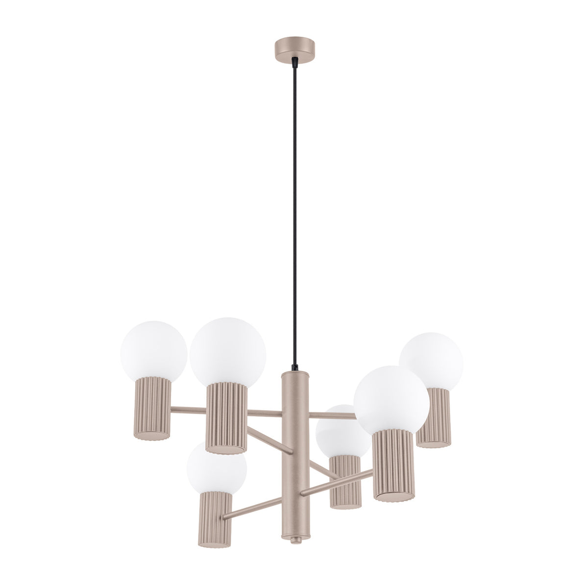 Lustre Halo laque taupe à six boules de verre opale sur culots cannelés et bras étagés vu sur fond blanc