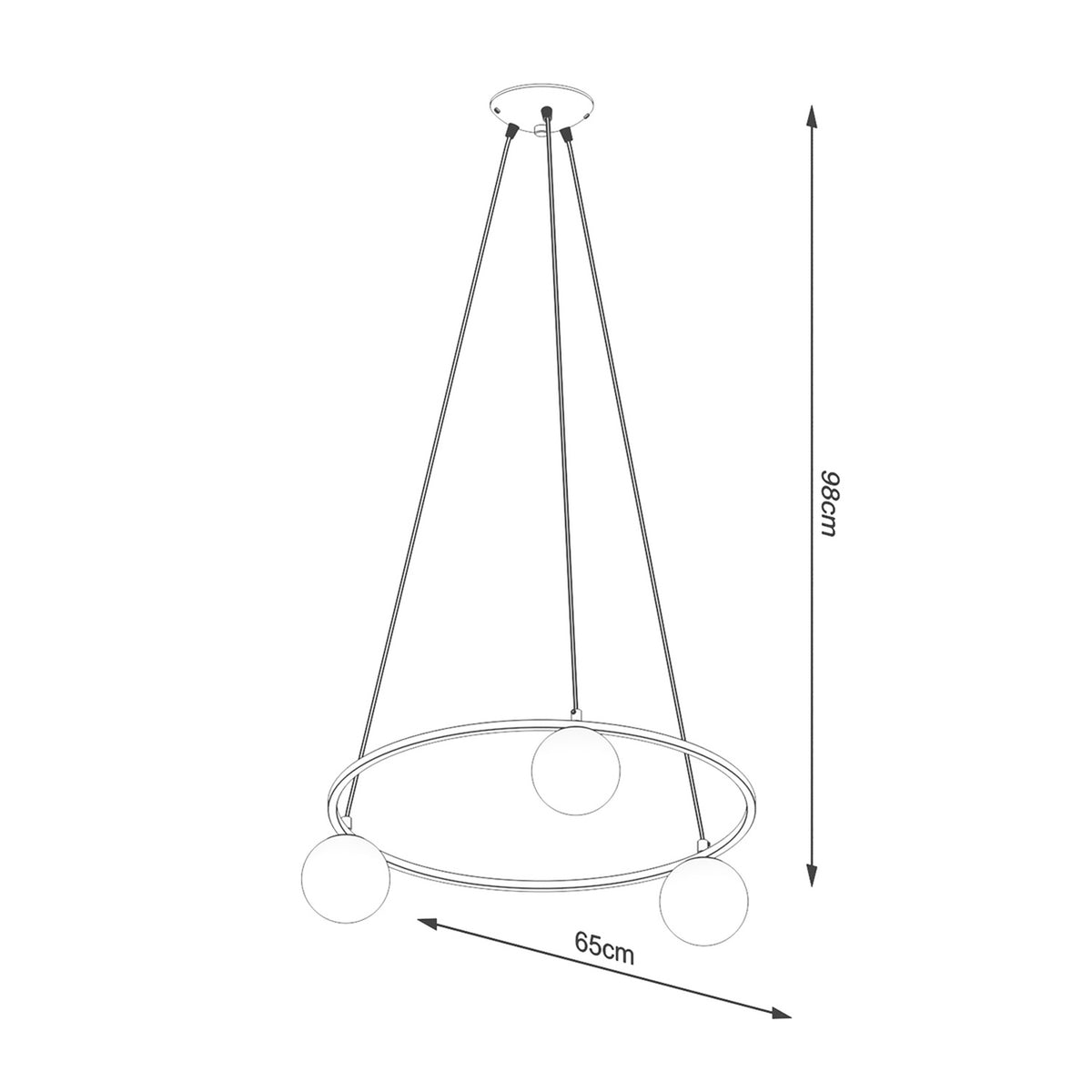 Schéma coté du lustre Yoli 3 diamètre 65 cm et hauteur 98 cm