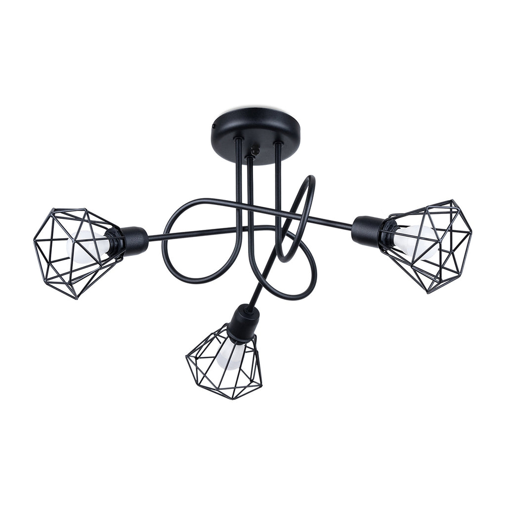 Lustre Artemis 3 branches acier noir façon sputnik, cages diamant en fil métallique, E14