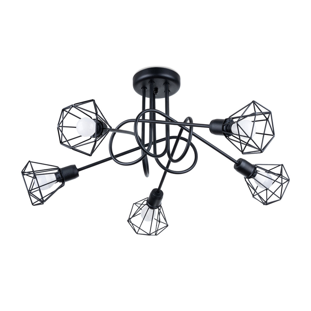 Lustre Artemis 5 branches acier noir façon sputnik, cages diamant en fil métallique, E14