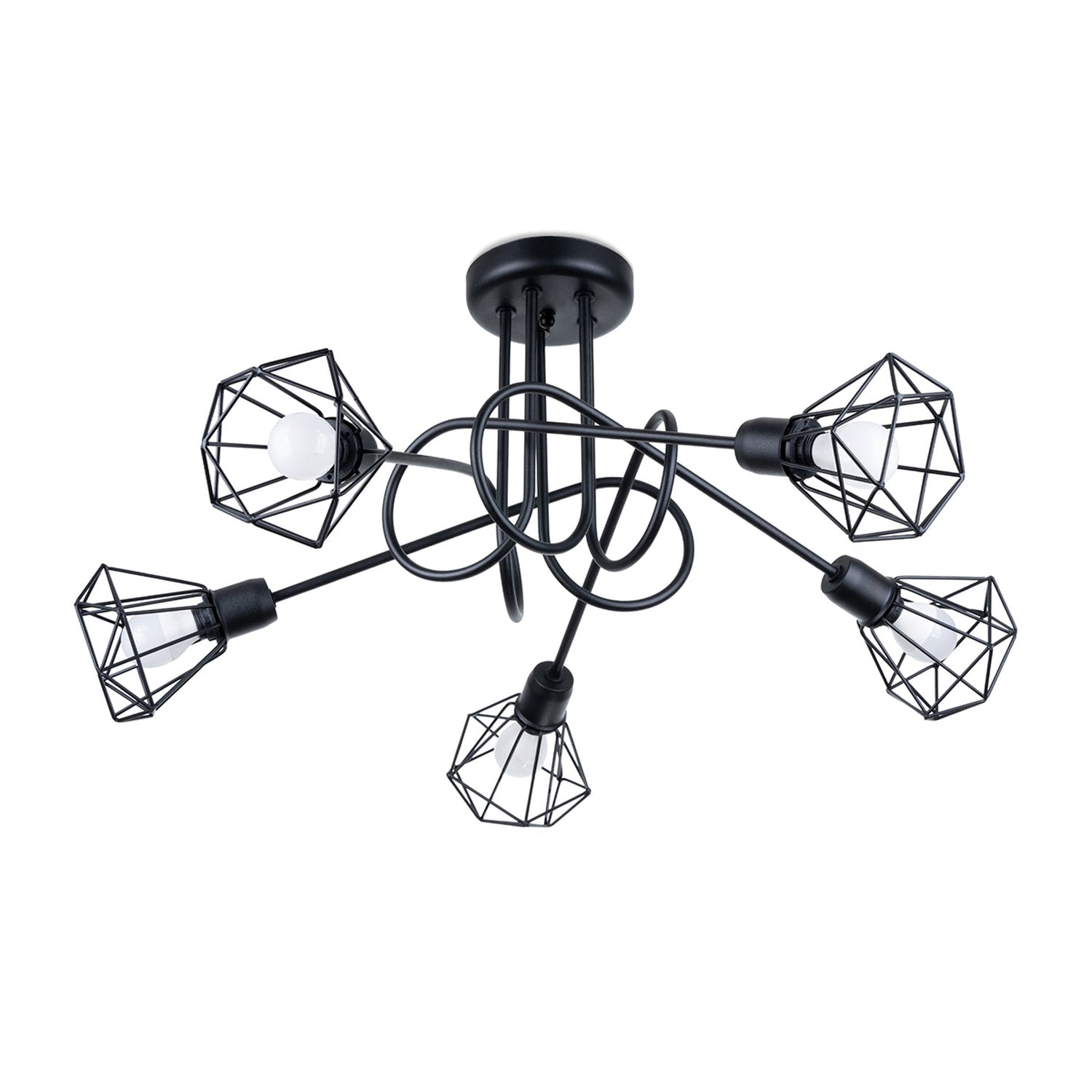 Lustre Artemis 5 branches acier noir façon sputnik, cages diamant en fil métallique, E14