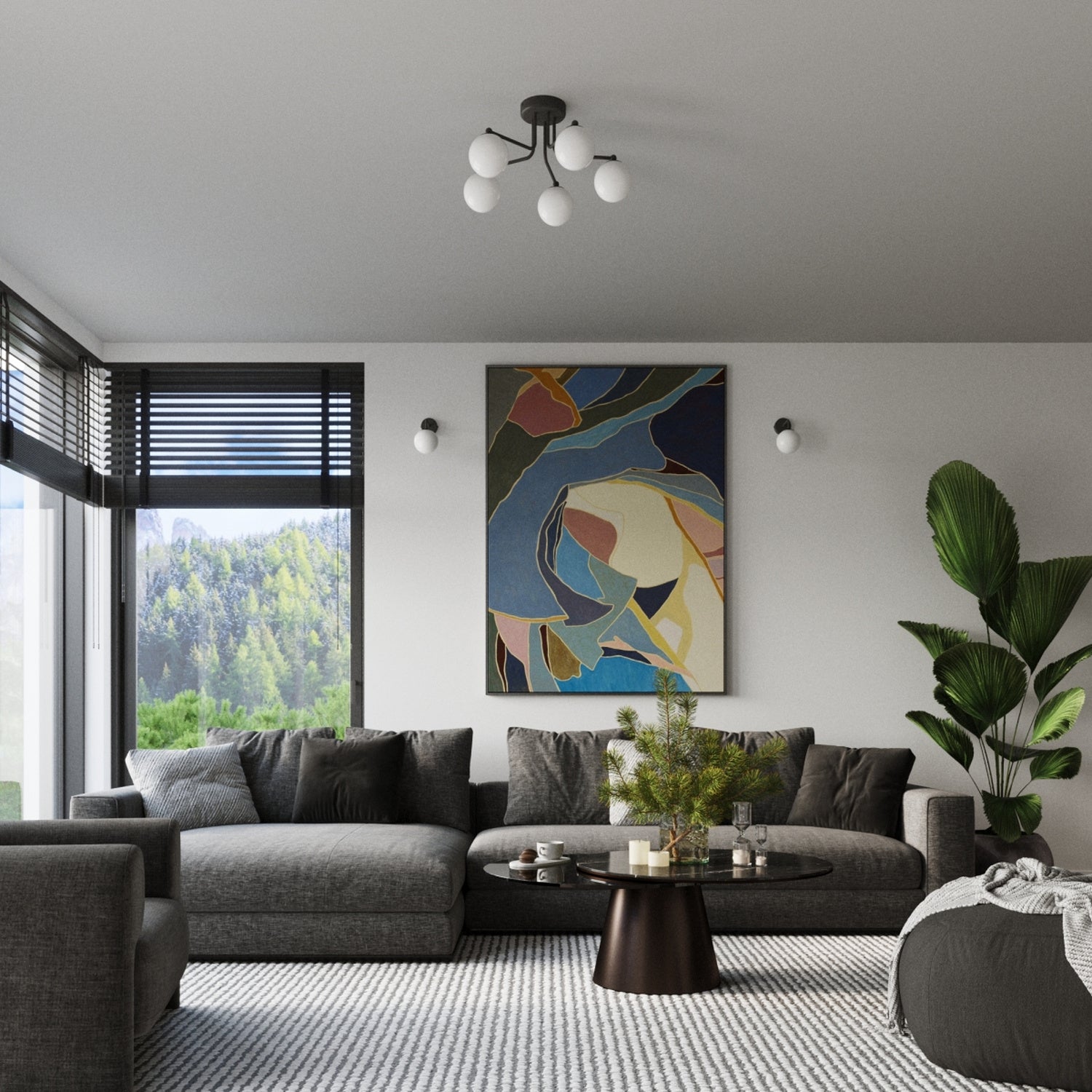 Lustre Astral 3 boules opale acier noir G9 en ambiance
