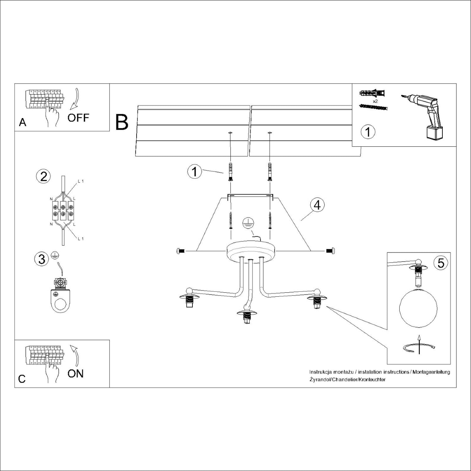 Notice de montage : Lustre Astral 3 boules opale acier noir G9