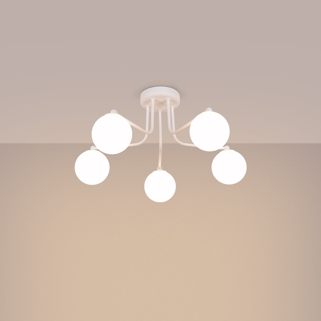 Lustre Astral 5 boules opale acier blanc G9 allumé