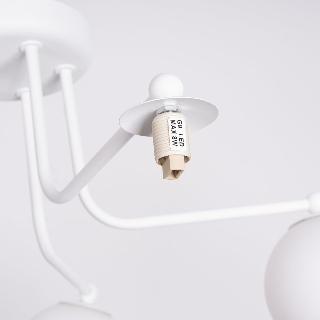 Lustre Astral 5 boules opale acier blanc G9, gros plan