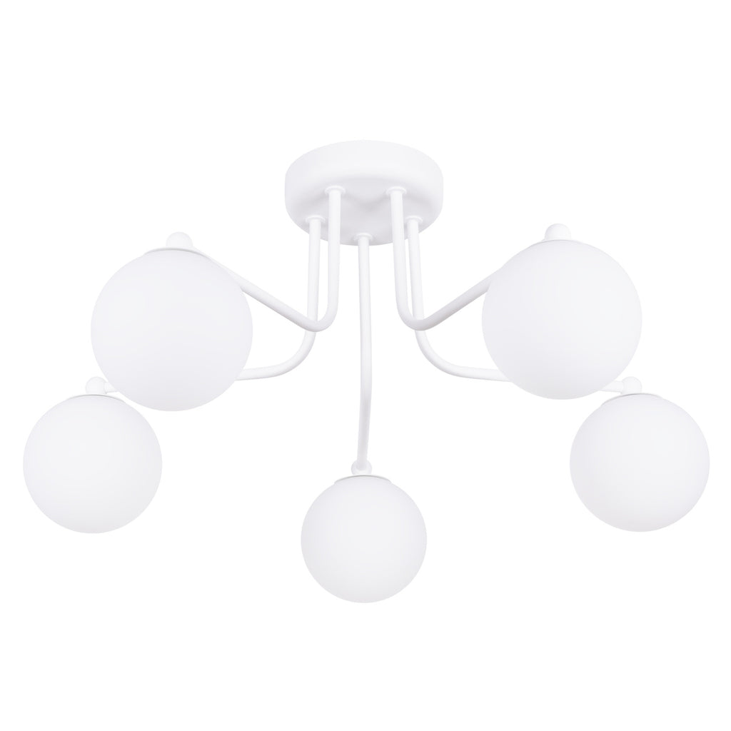 Lustre Astral 5 boules opale acier blanc G9, boule de verre opale sur acier