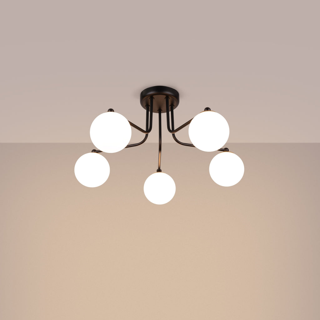 Lustre Astral 5 boules opale acier noir G9 allumé