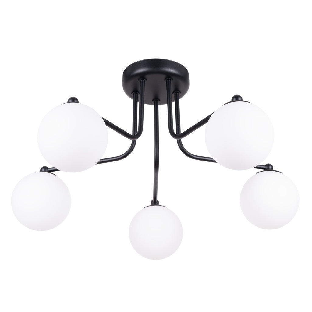 Lustre Astral 5 boules opale acier noir G9, boule de verre opale sur acier