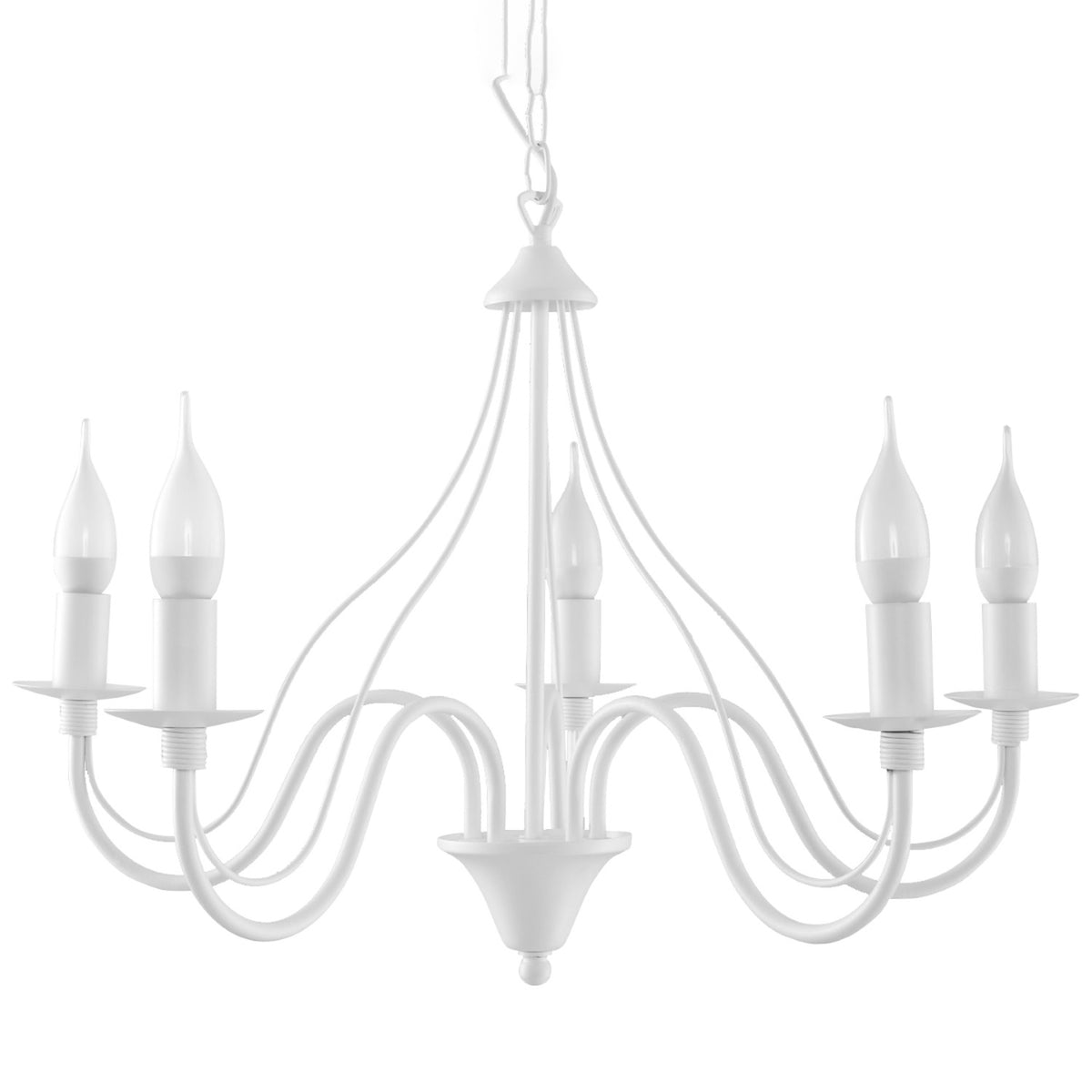 Lustre bougeoir Minerwa 5 bras en métal blanc avec ampoules flamme sur fond blanc