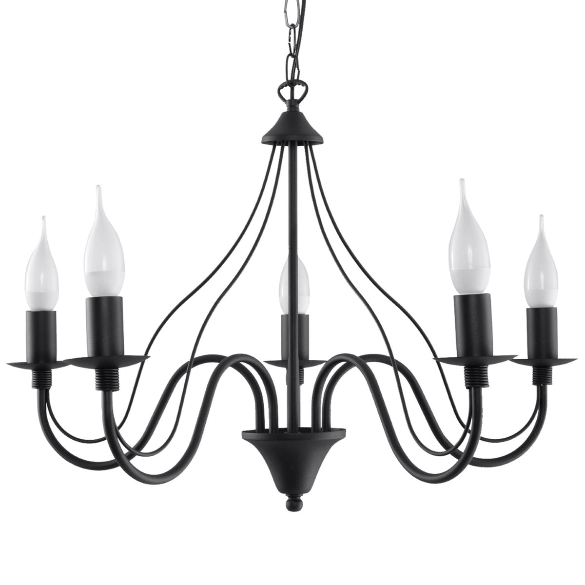 Lustre bougeoir Minerwa 5 bras en métal noir avec ampoules flamme sur fond blanc