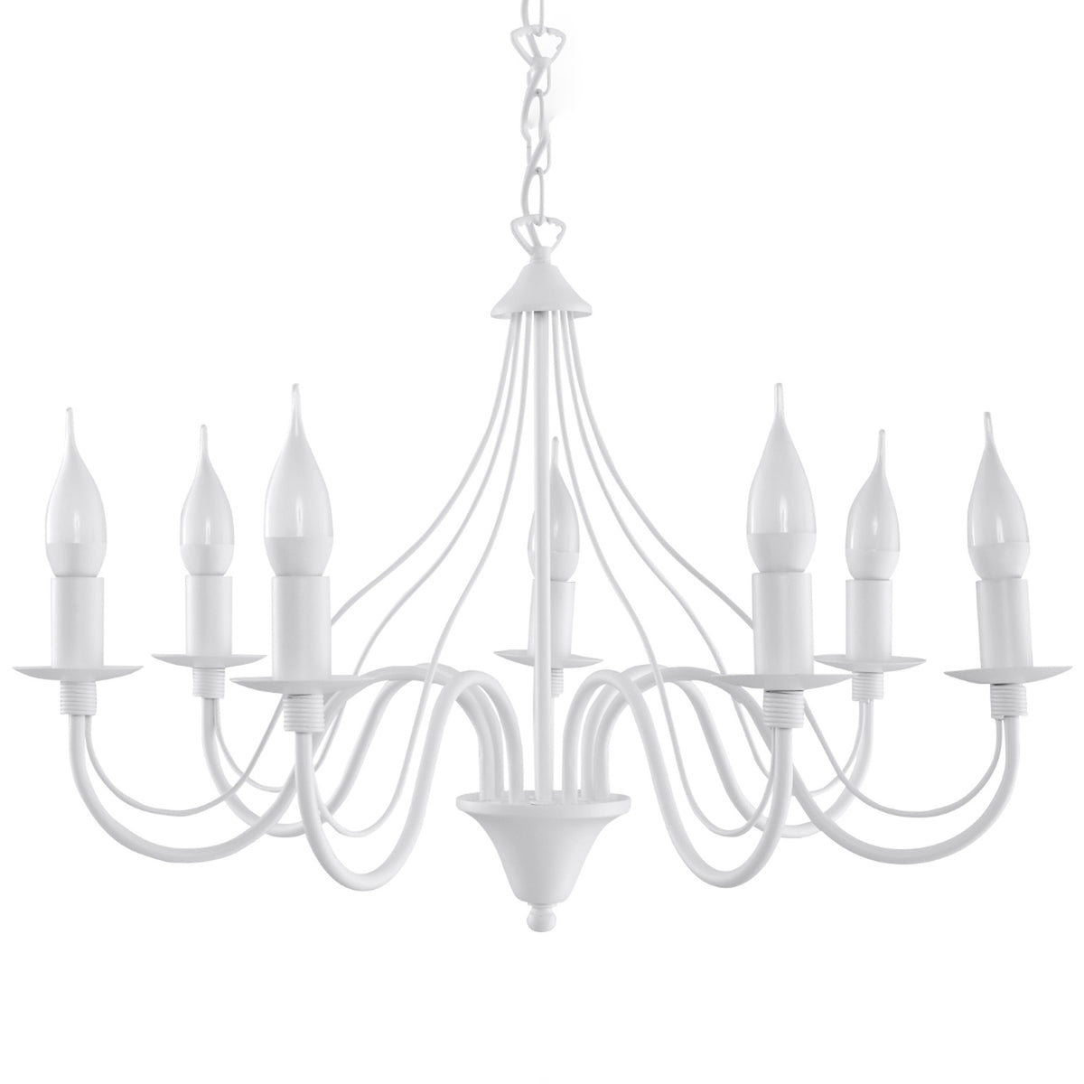 Lustre bougeoir Minerwa 7 métal blanc vu de face avec ses sept bras sinueux et ses ampoules flamme