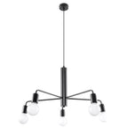 Lustre Duomo en acier noir à quatre bras et cinq ampoules globes opales sur fond blanc