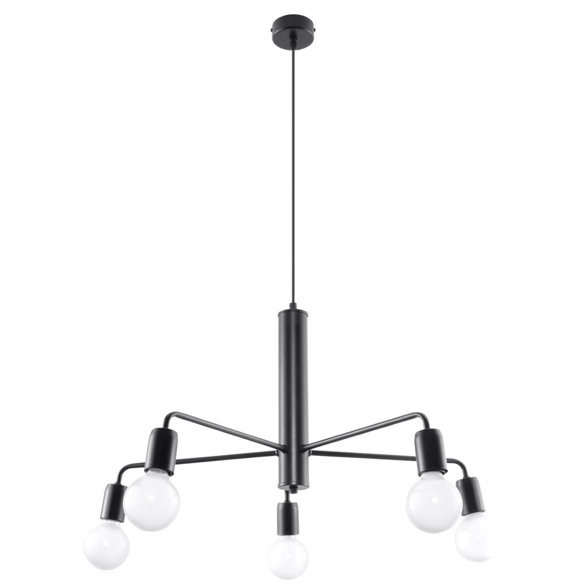 Lustre Duomo en acier noir à quatre bras et cinq ampoules globes opales sur fond blanc
