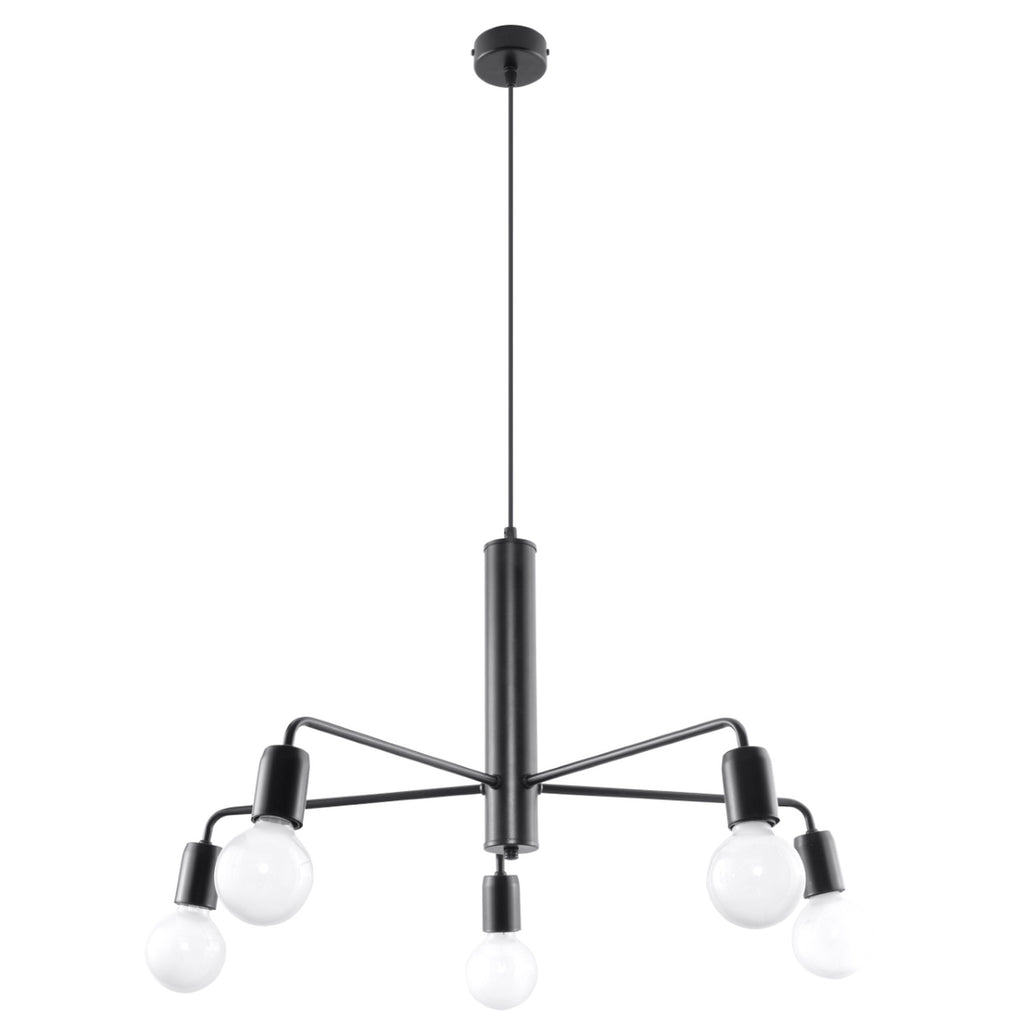 Lustre Duomo noir à 5 lumières, tube en acier et bras en étoile à ampoules apparentes