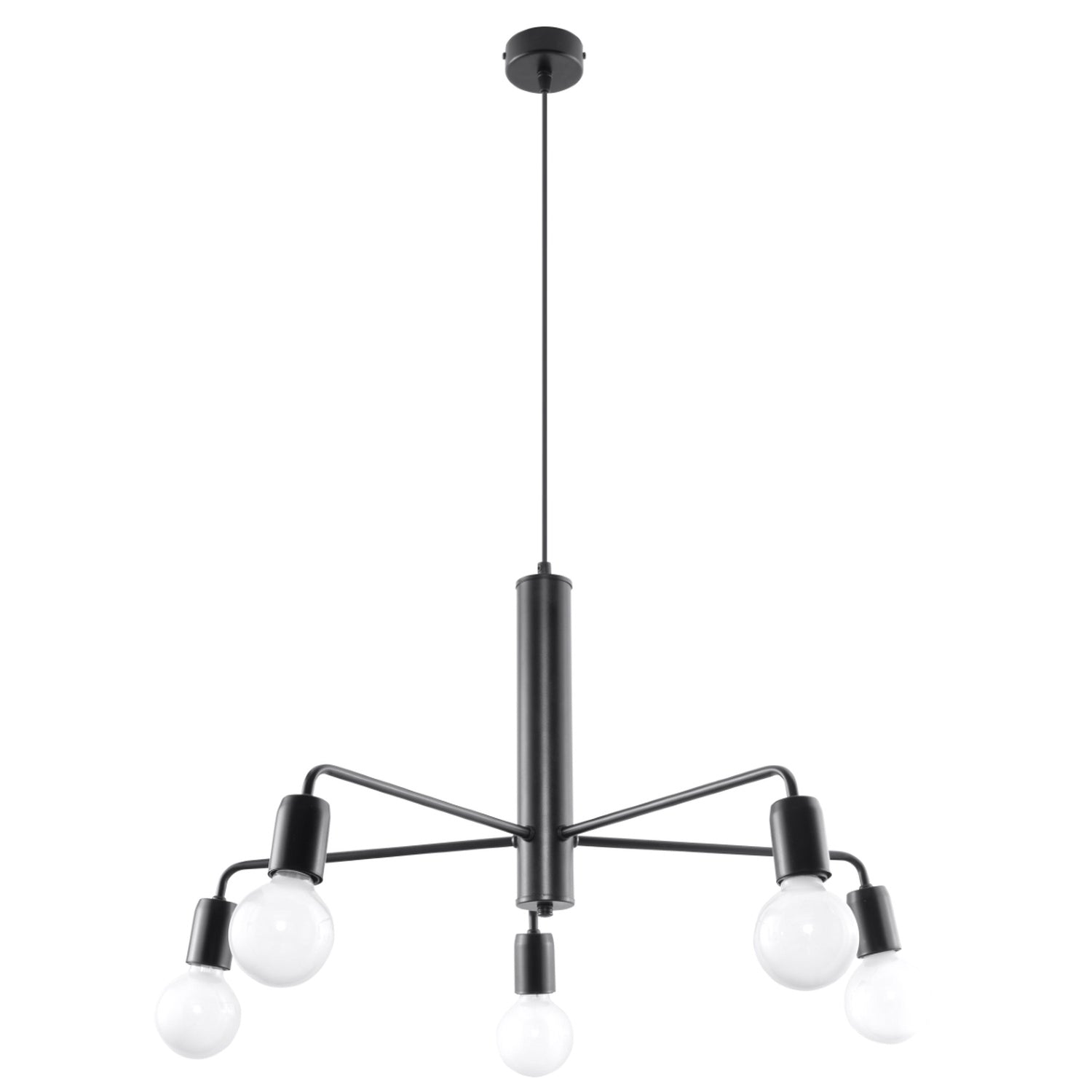 Lustre Duomo noir à 5 lumières, tube en acier et bras en étoile à ampoules apparentes