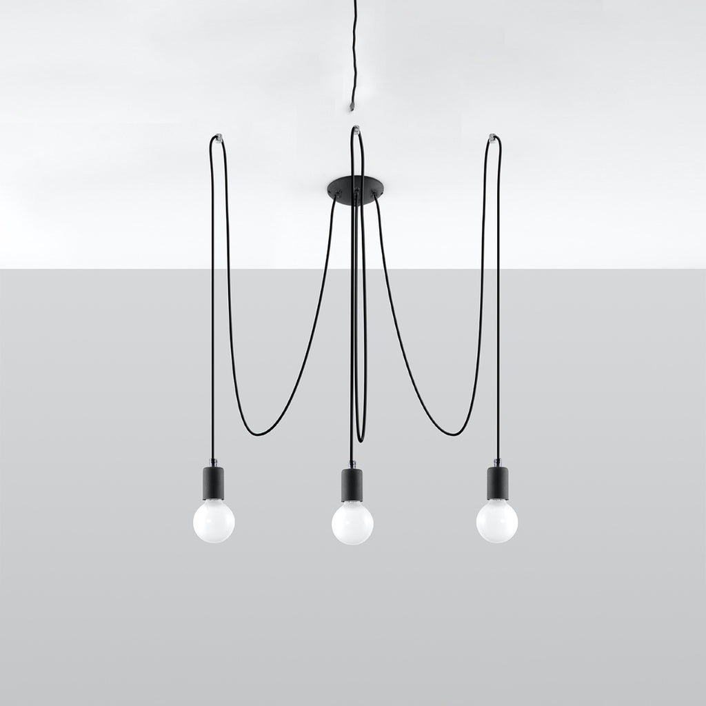 Lustre Edison 3 noir, câbles déportés depuis la rosace en acier