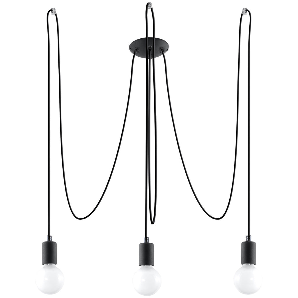Lustre Edison 3 noir, trois ampoules E27 apparentes sur câbles textile