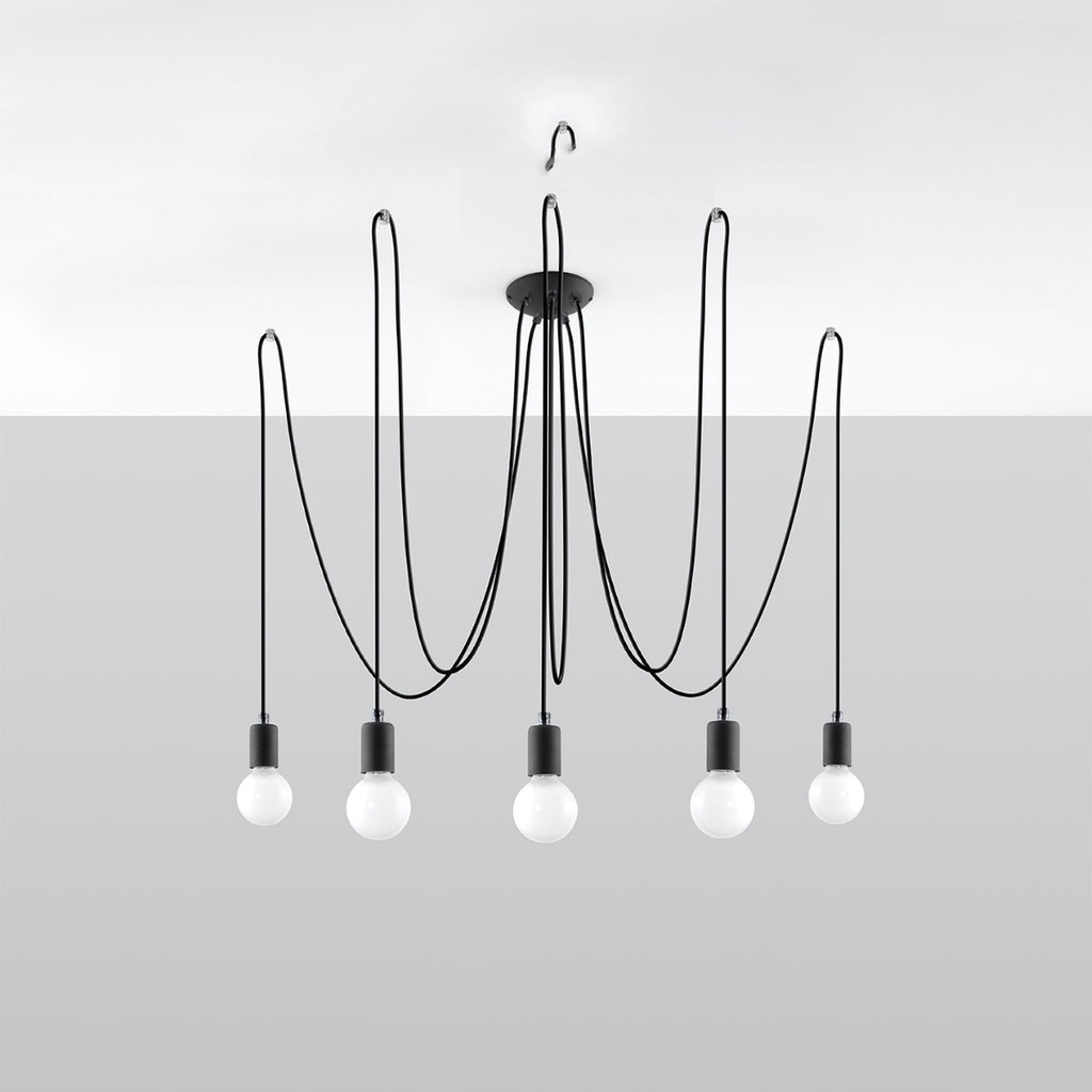 Lustre Edison 5 noir, câbles déportés depuis la rosace en acier