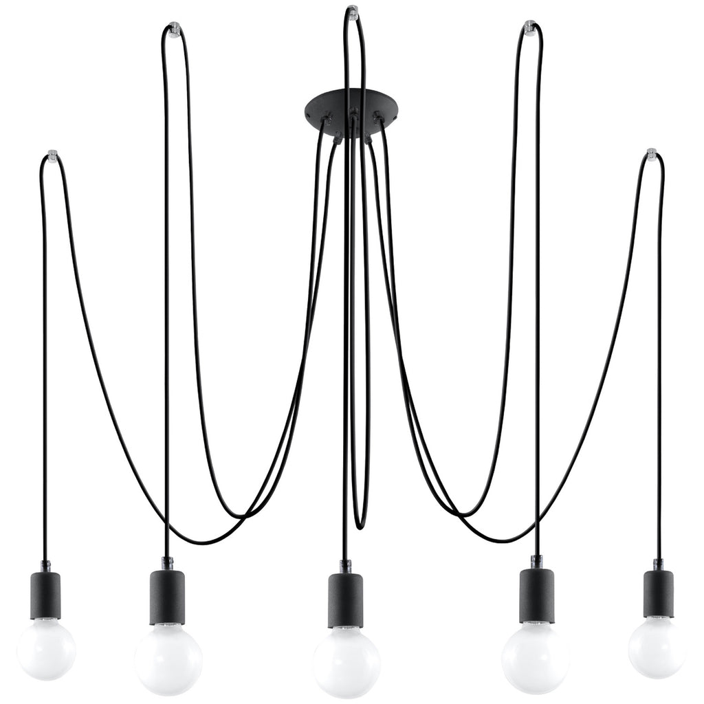 Lustre Edison 5 noir, cinq ampoules E27 apparentes sur câbles textile