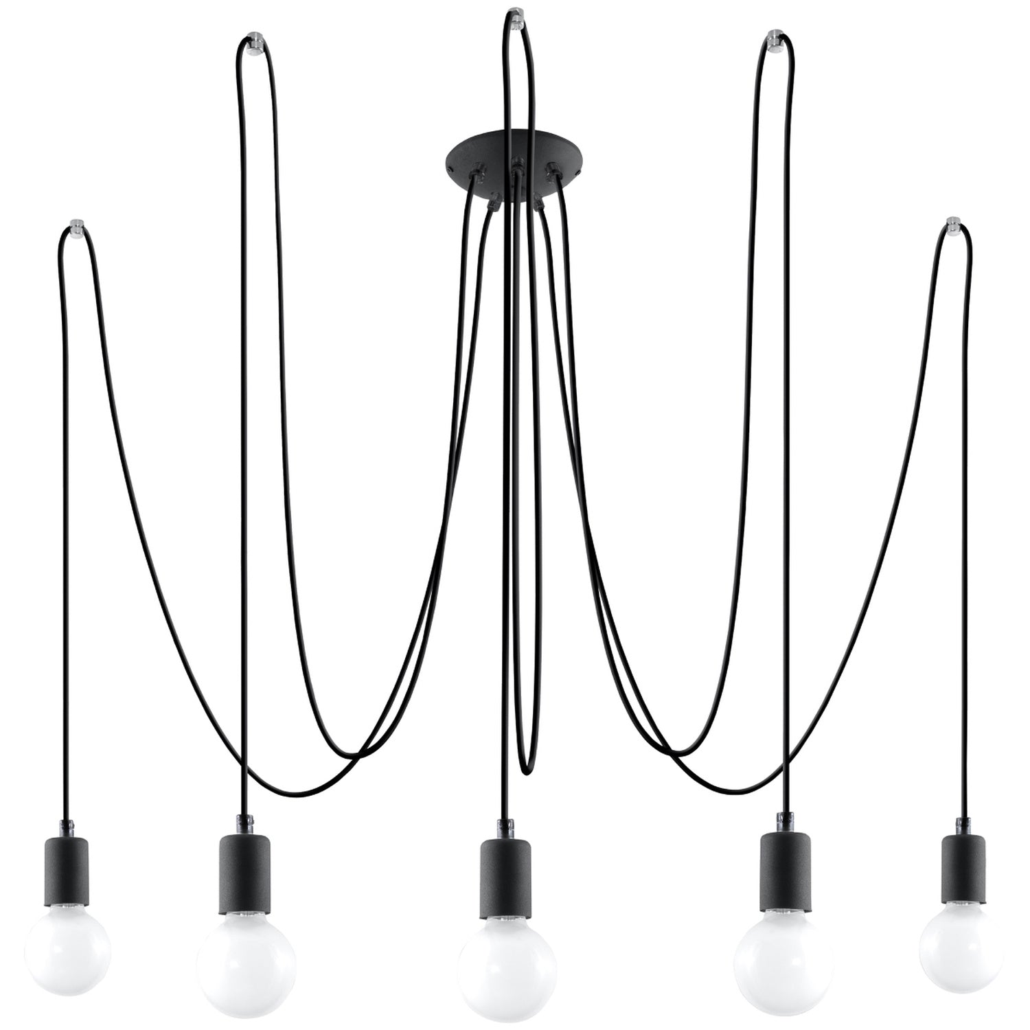 Lustre Edison 5 noir, cinq ampoules E27 apparentes sur câbles textile