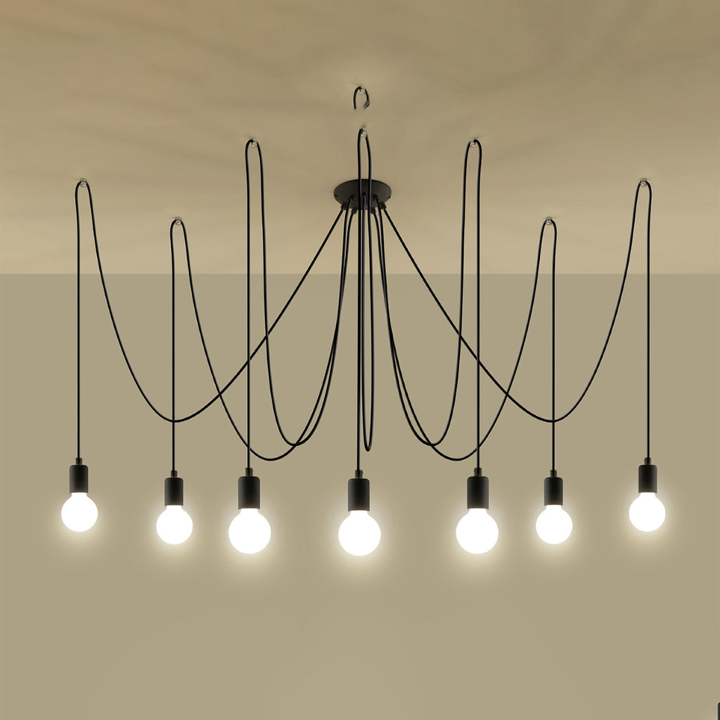 Lustre Edison 7 noir allumé, sept ampoules apparentes