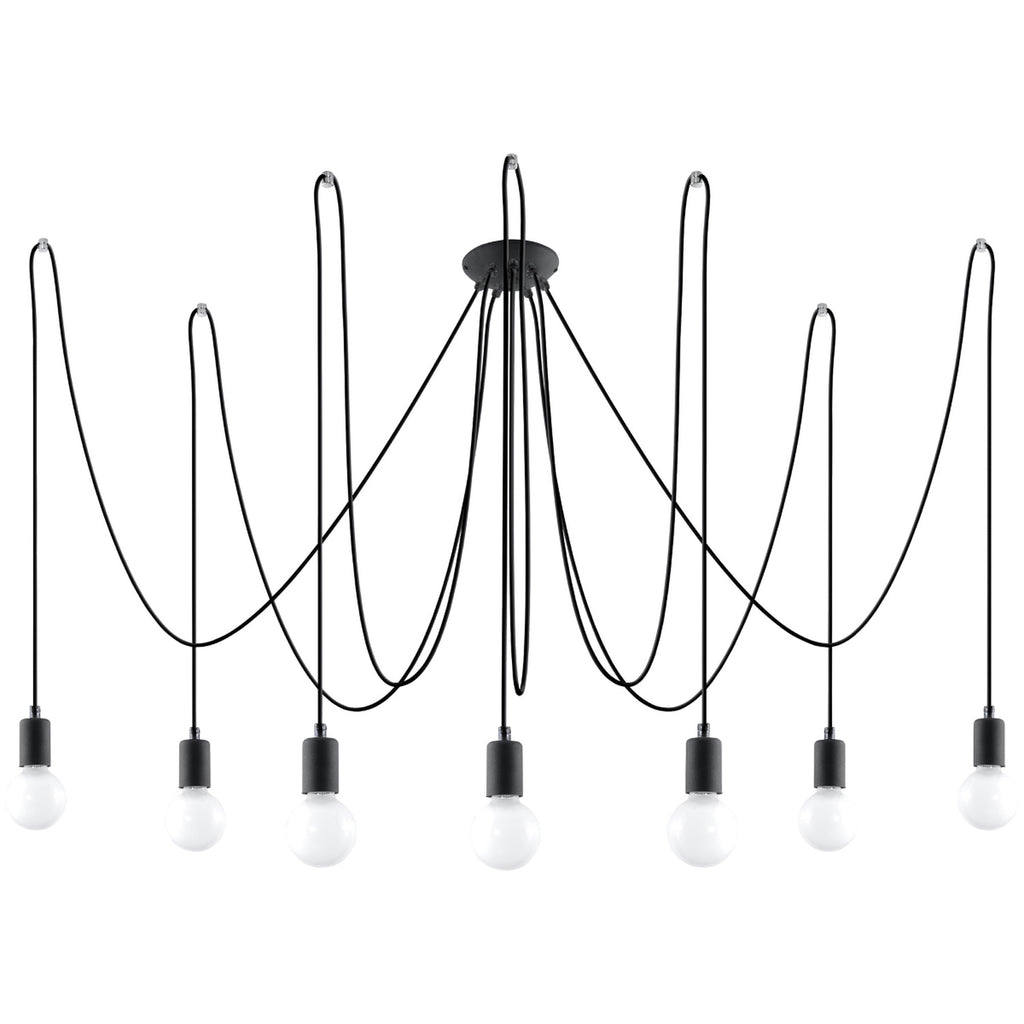 Lustre Edison 7 noir, sept ampoules E27 apparentes sur câbles textile