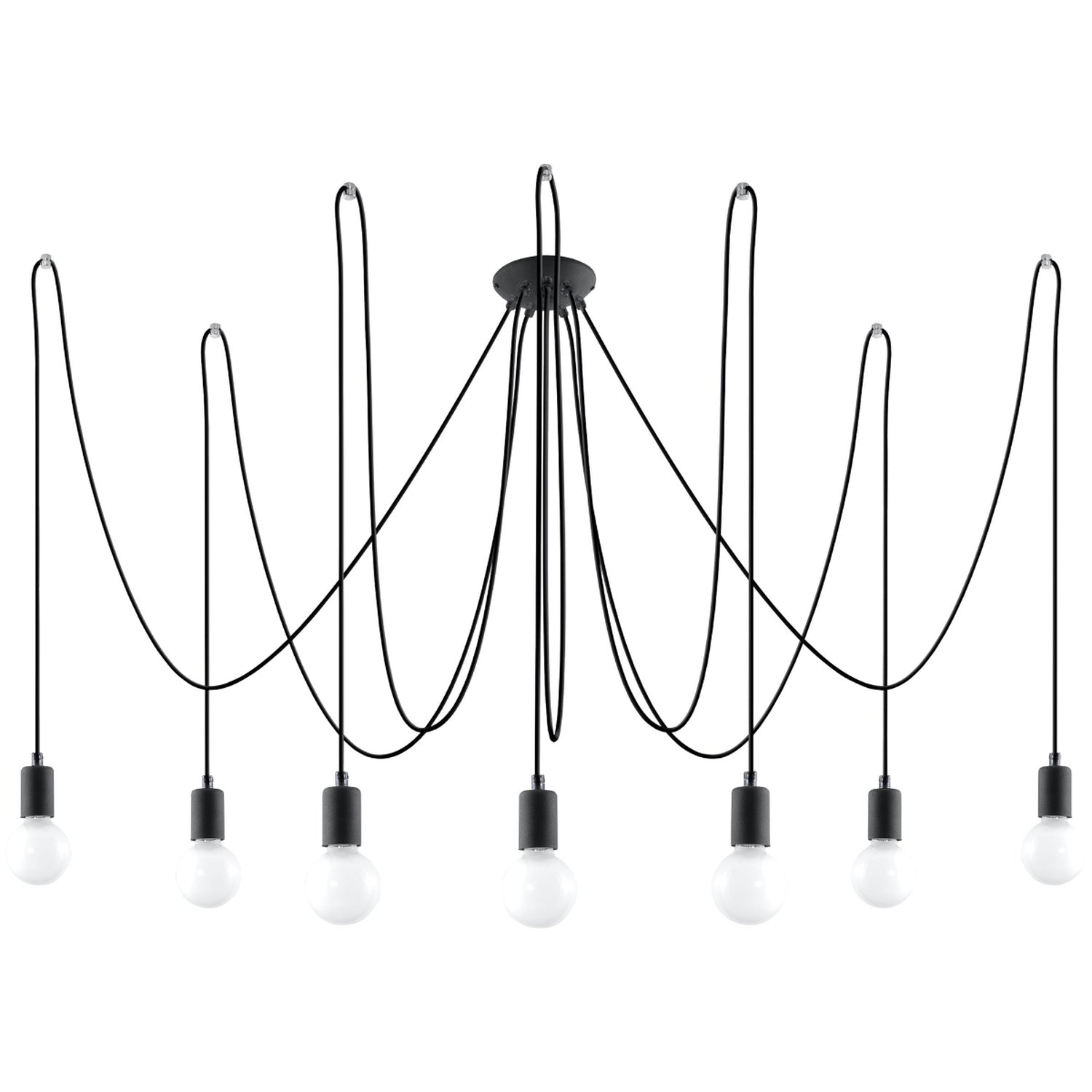 Lustre Edison 7 noir, sept ampoules E27 apparentes sur câbles textile