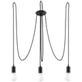 Lustre Edison acier noir à trois câbles textiles drapés depuis une rosace ronde et trois ampoules globe sur fond blanc