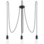 Lustre Edison acier noir à trois câbles textiles drapés depuis une rosace ronde et trois ampoules globe sur fond blanc