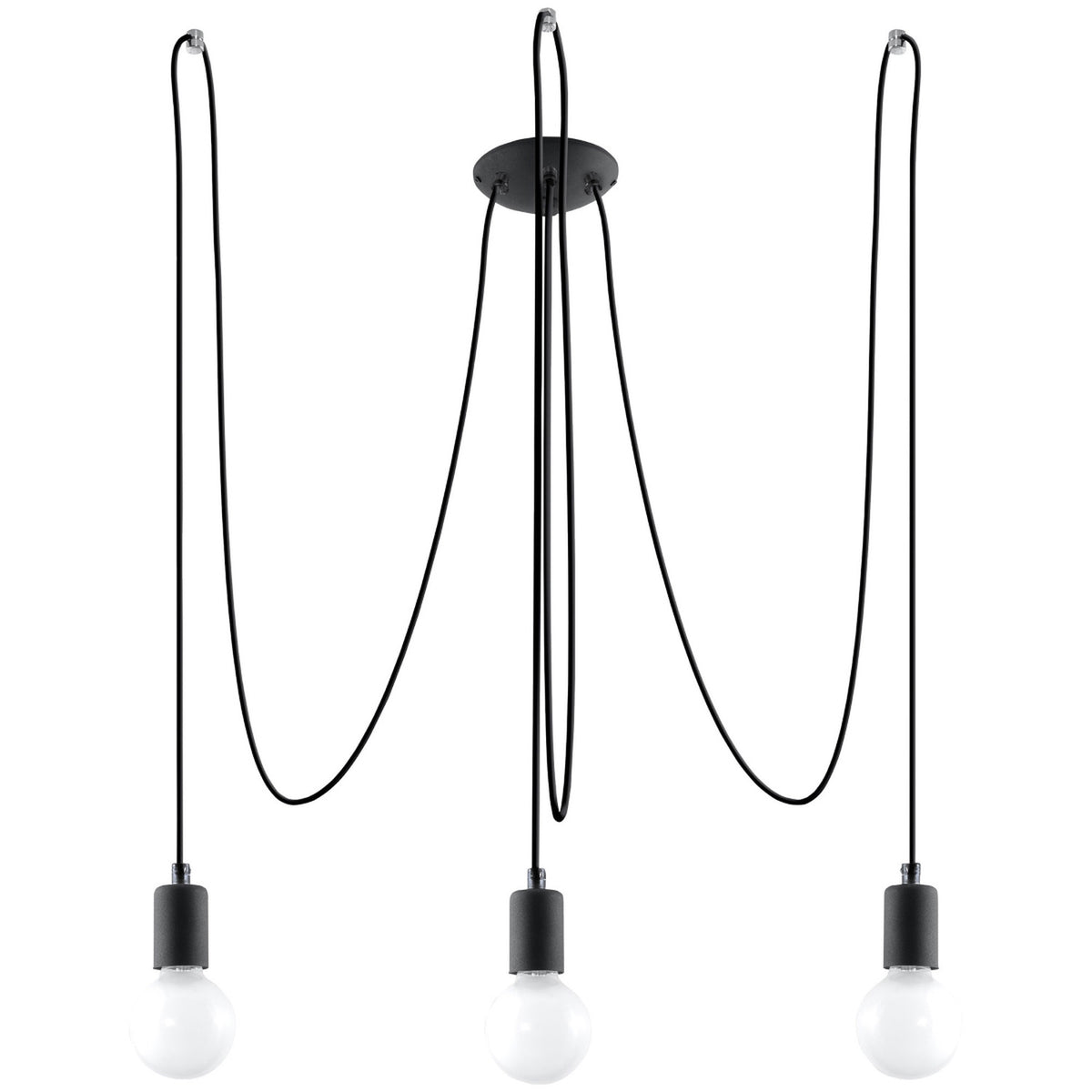 Lustre Edison acier noir à trois câbles textiles drapés depuis une rosace ronde et trois ampoules globe sur fond blanc