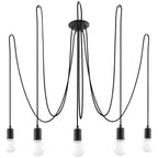 Lustre Edison acier noir à cinq câbles textiles passés dans des crochets depuis une rosace ronde et cinq ampoules globe sur fond blanc