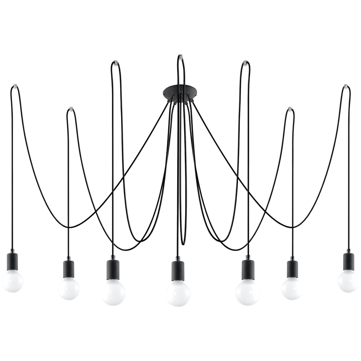 Lustre Edison acier noir à sept câbles textiles passés dans des crochets depuis une rosace ronde et sept ampoules globe sur fond blanc