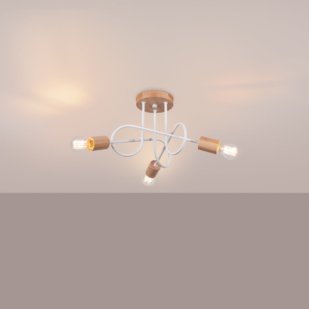 Lustre Ember 3 bois et métal blanc E27 allumé