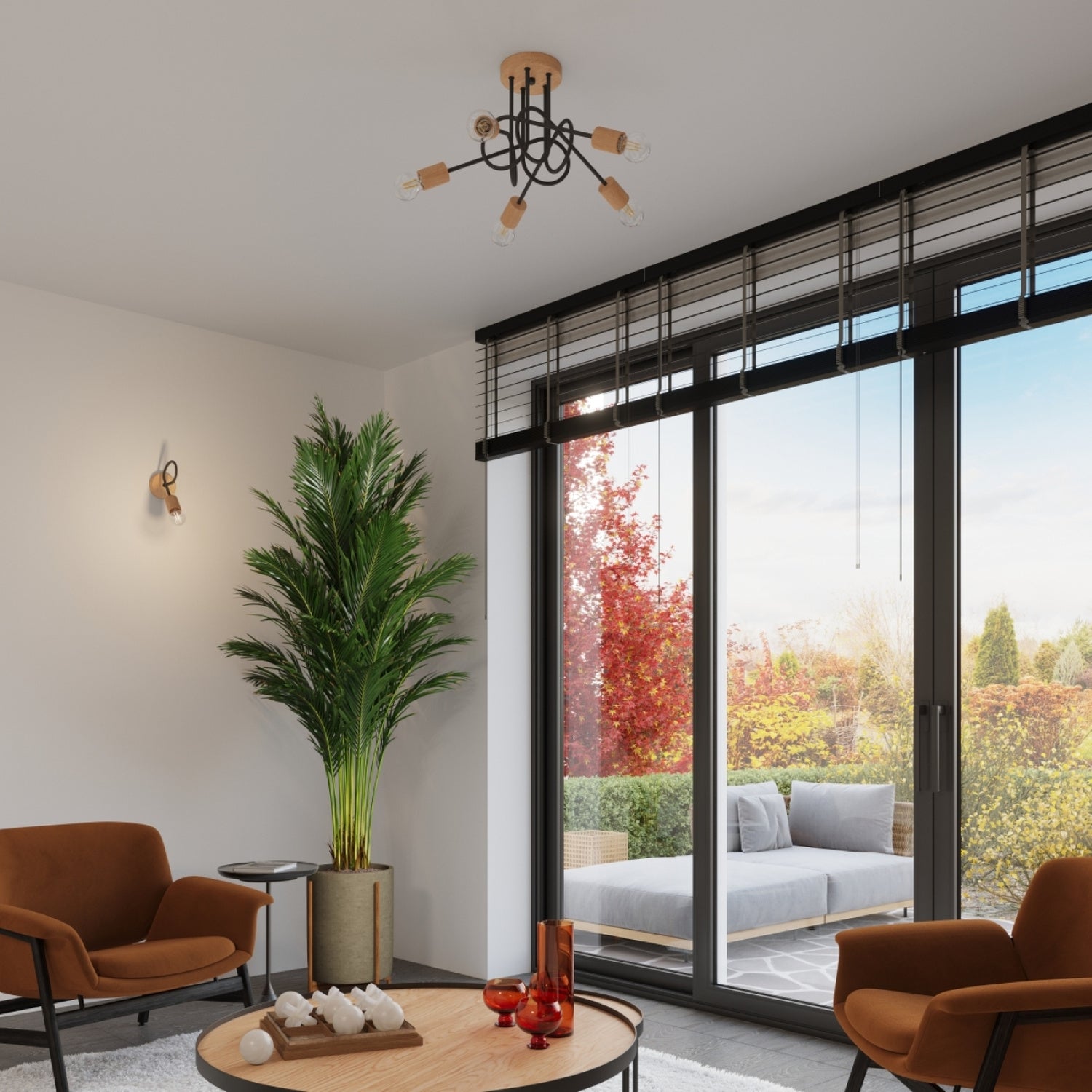 Lustre Ember 3 bois et métal noir E27, ambiance chaleureuse