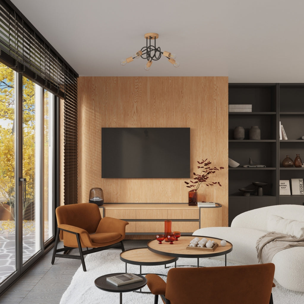 Lustre Ember 3 bois et métal noir E27 en ambiance