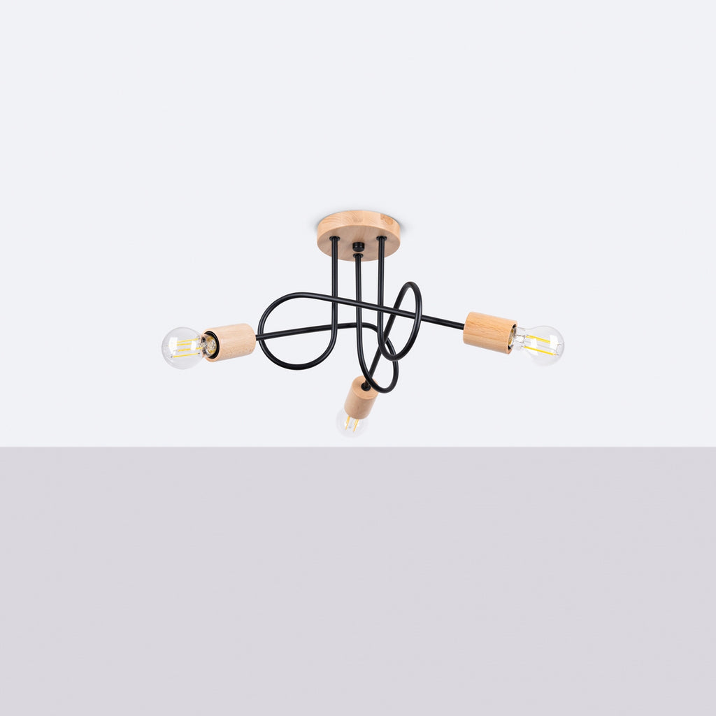 Lustre Ember 3 bois et métal noir E27 de profil