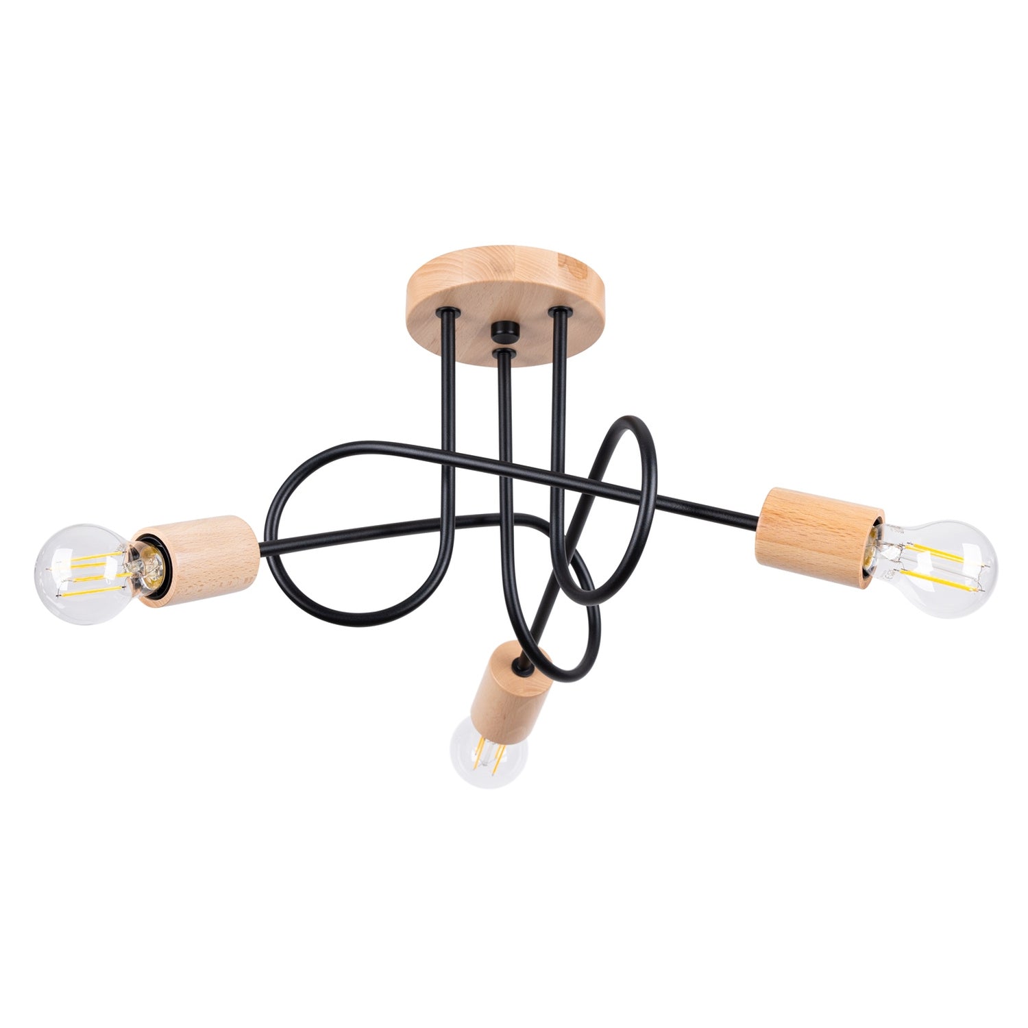 Lustre Ember 3 bois et métal noir E27, rosace bois et bras d'acier courbés